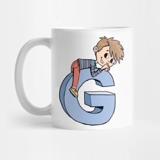 boy climbed up and lay down on the capital letter G Mug